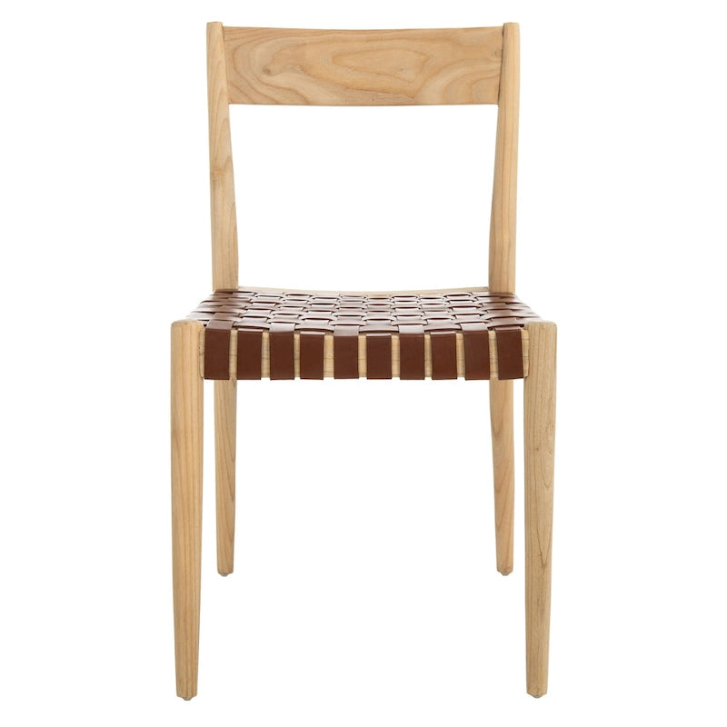 Leather Dining Chair with Basket-Woven Seat and Open Back (Set of 2)