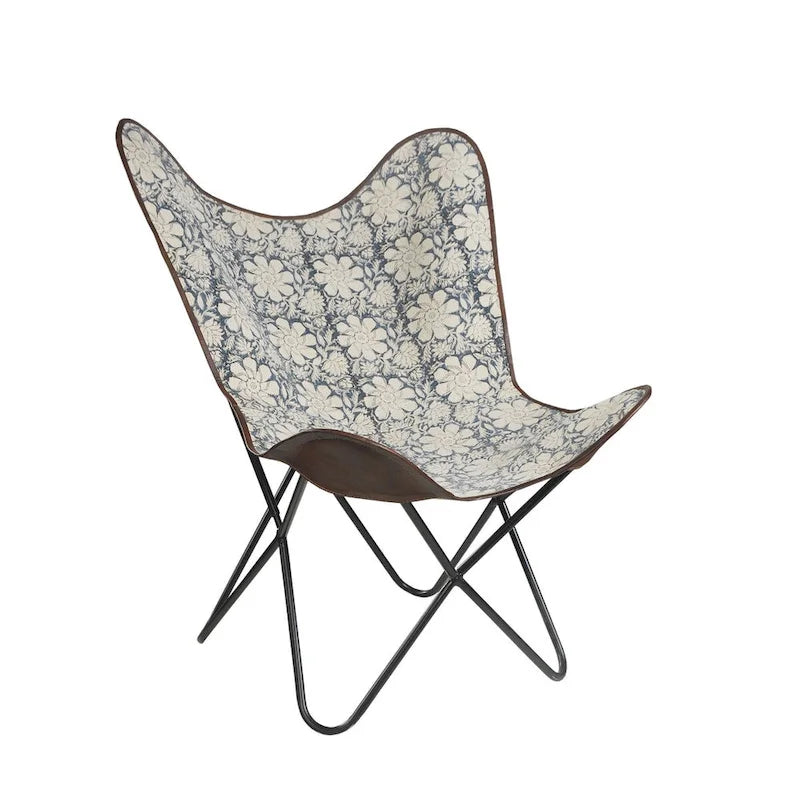 Blue Floral Faux Leather Sling Butterfly Chair - Iron Base, 37H x 34W x 27D