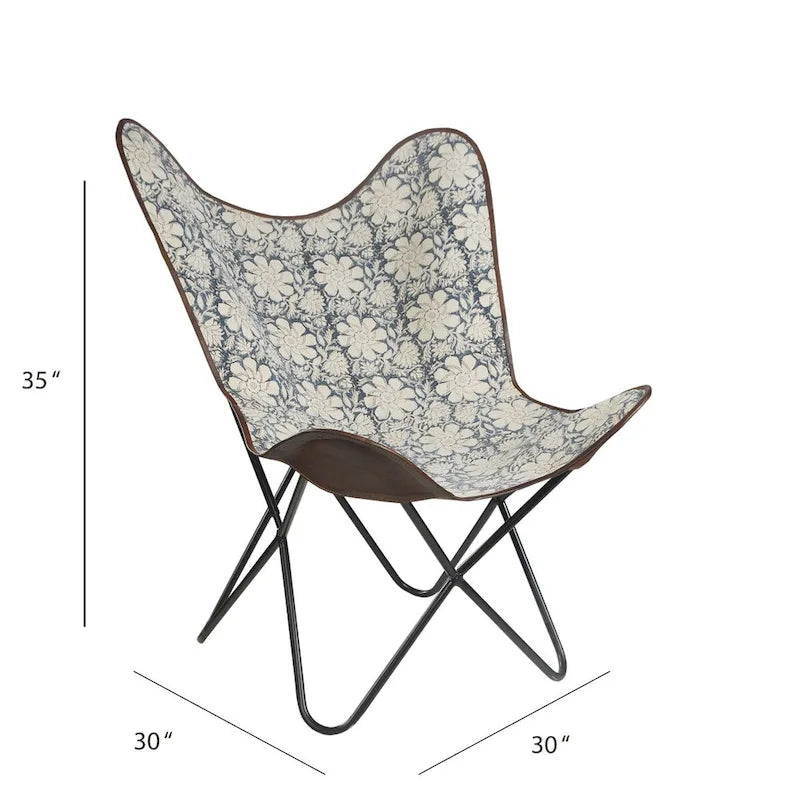 Blue Floral Faux Leather Sling Butterfly Chair - Iron Base, 37H x 34W x 27D