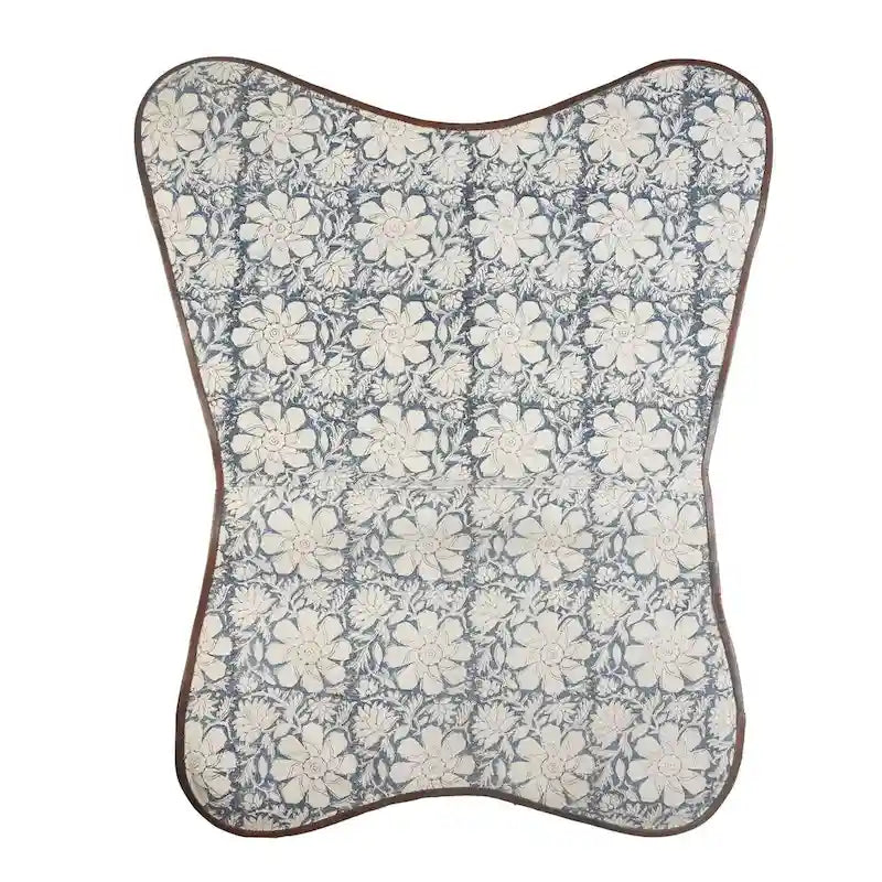 Blue Floral Faux Leather Sling Butterfly Chair - Iron Base, 37H x 34W x 27D