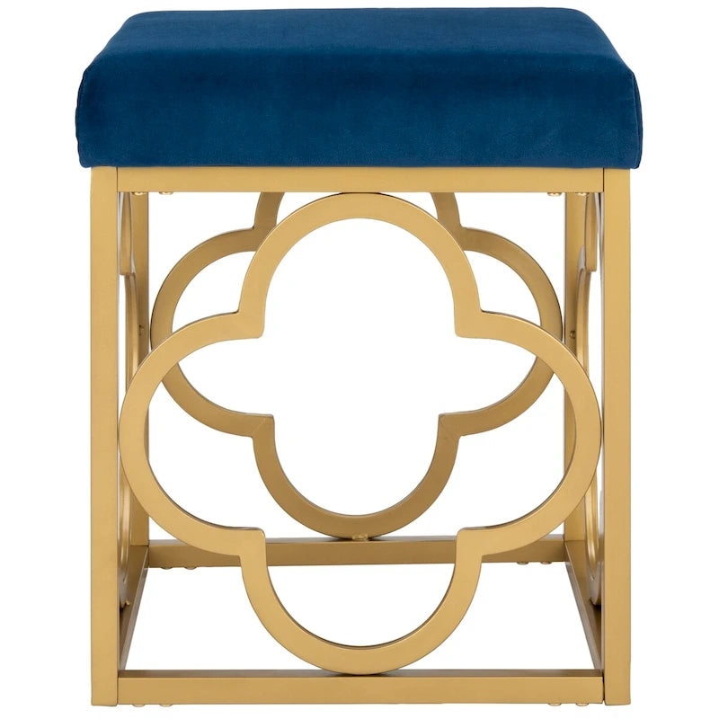 Moroccan Glam Velvet Square Ottoman with Gold Quatrefoil Base - Cream