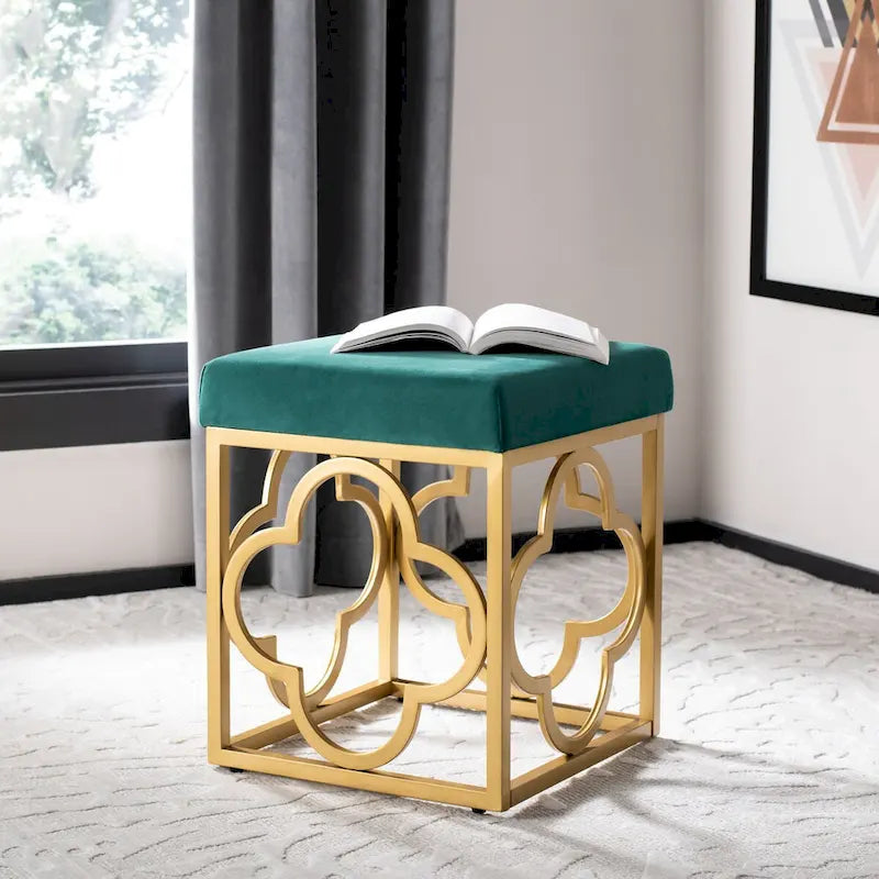 Moroccan Glam Velvet Square Ottoman with Gold Quatrefoil Base - Cream