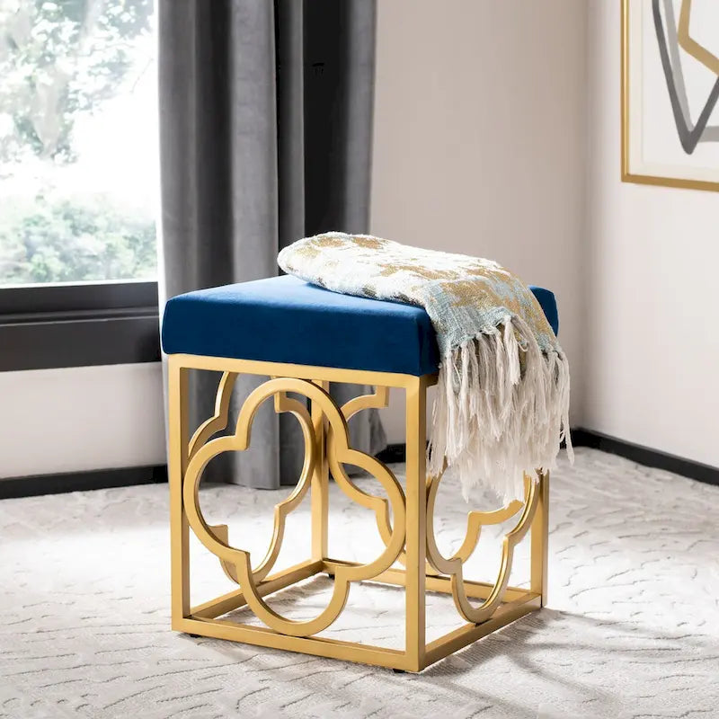 Moroccan Glam Velvet Square Ottoman with Gold Quatrefoil Base - Cream