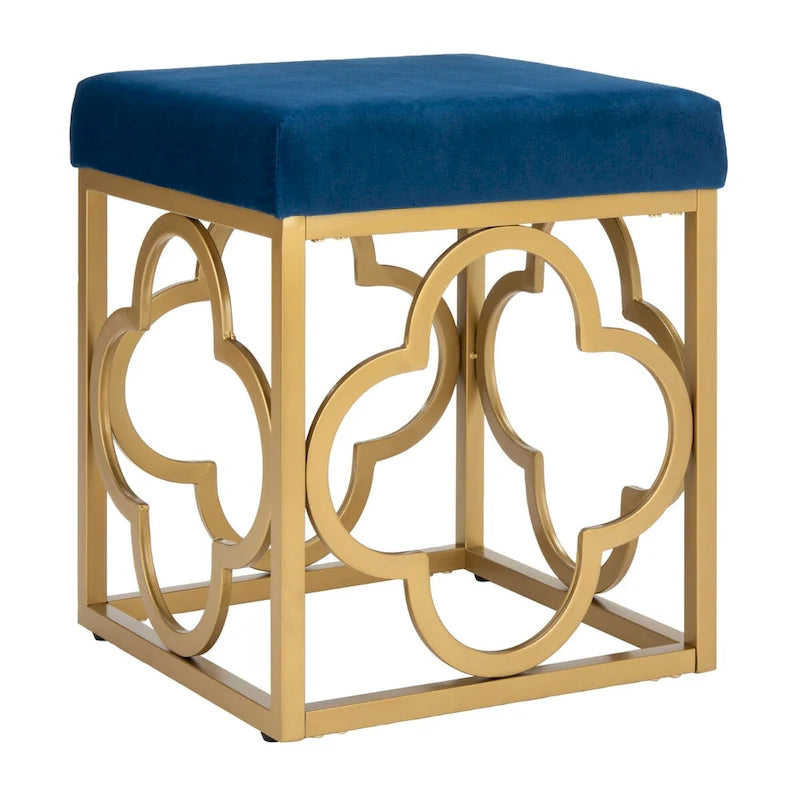 Moroccan Glam Velvet Square Ottoman with Gold Quatrefoil Base - Cream