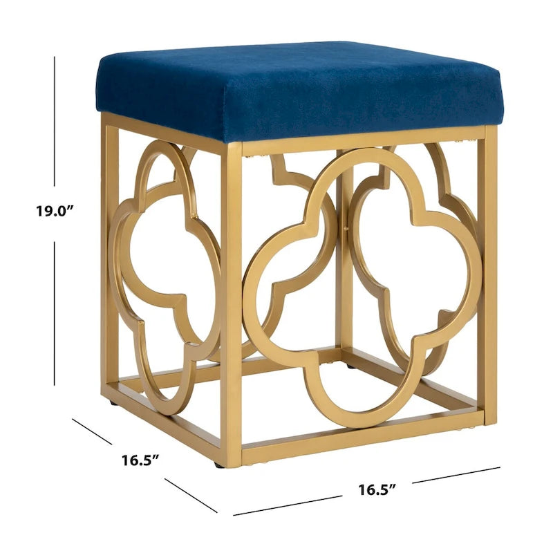 Moroccan Glam Velvet Square Ottoman with Gold Quatrefoil Base - Cream