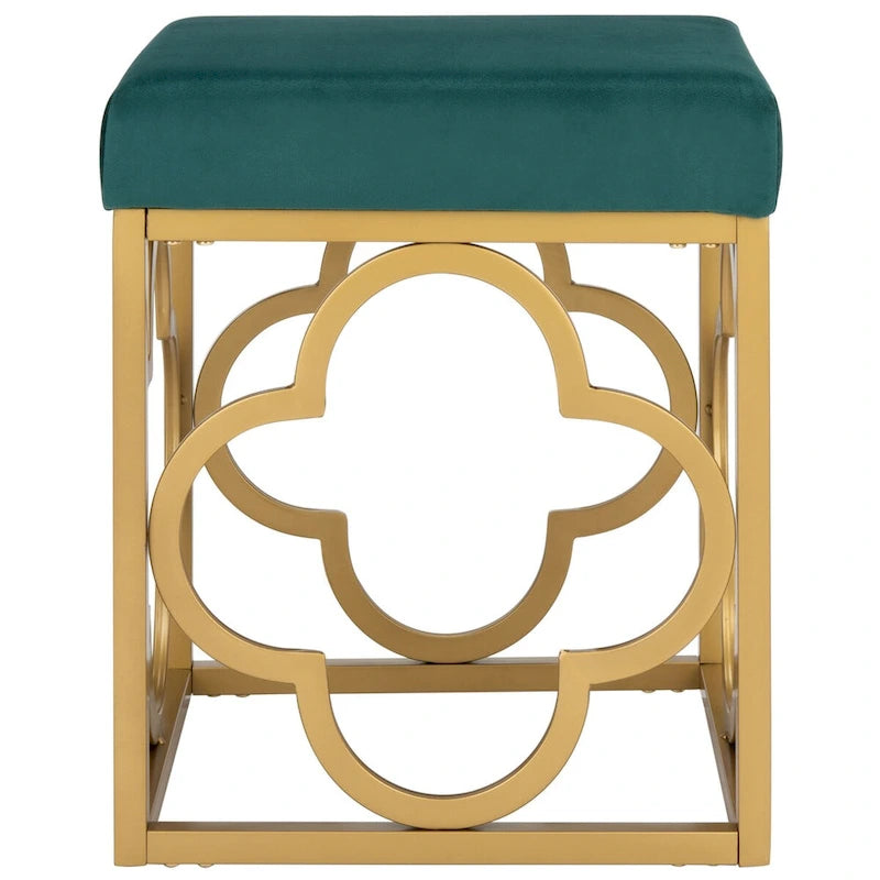 Moroccan Glam Velvet Square Ottoman with Gold Quatrefoil Base - Cream