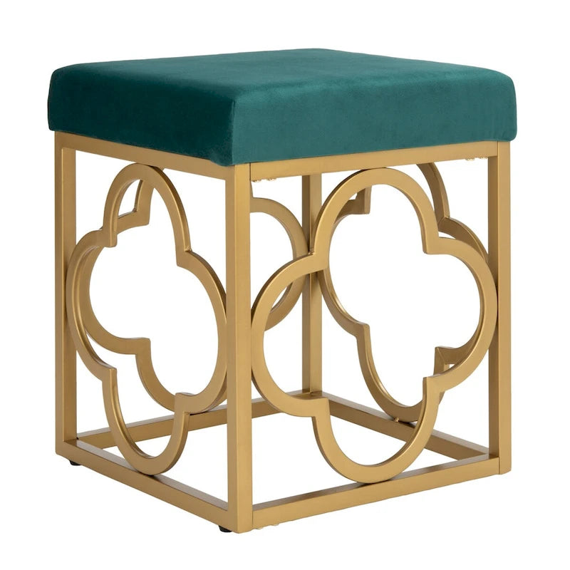 Moroccan Glam Velvet Square Ottoman with Gold Quatrefoil Base - Cream