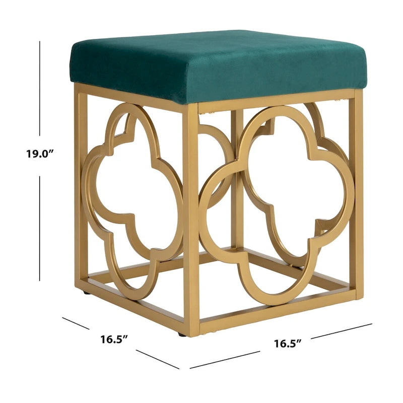 Moroccan Glam Velvet Square Ottoman with Gold Quatrefoil Base - Cream