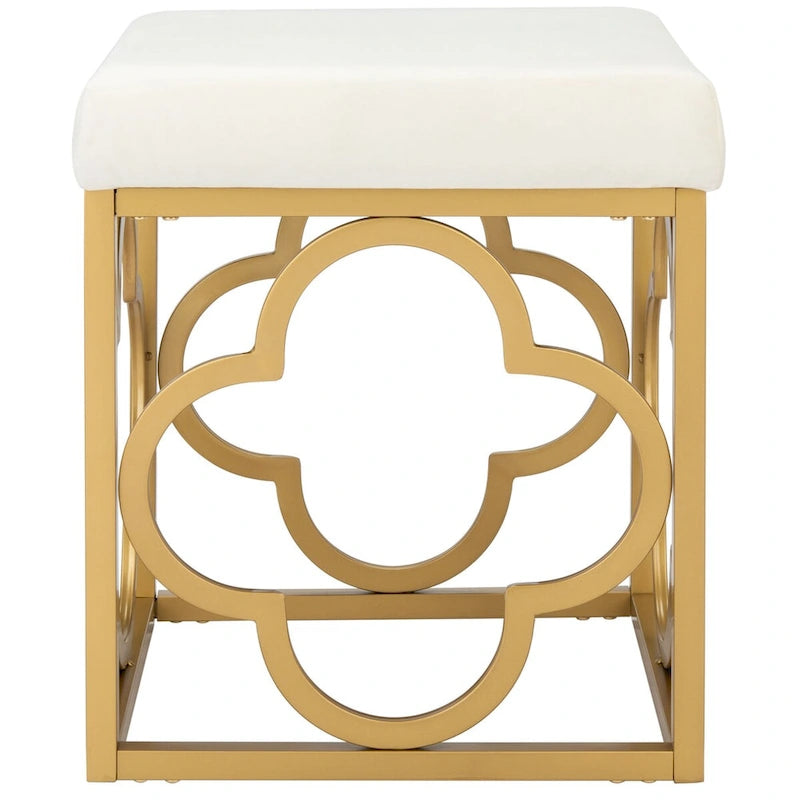 Moroccan Glam Velvet Square Ottoman with Gold Quatrefoil Base - Cream