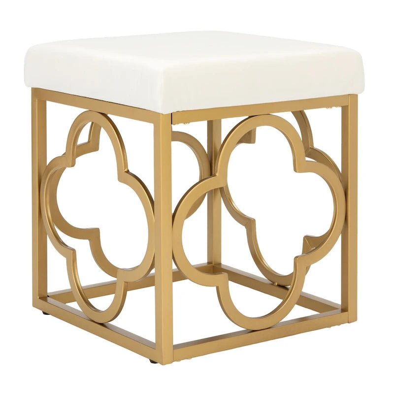 Moroccan Glam Velvet Square Ottoman with Gold Quatrefoil Base - Cream