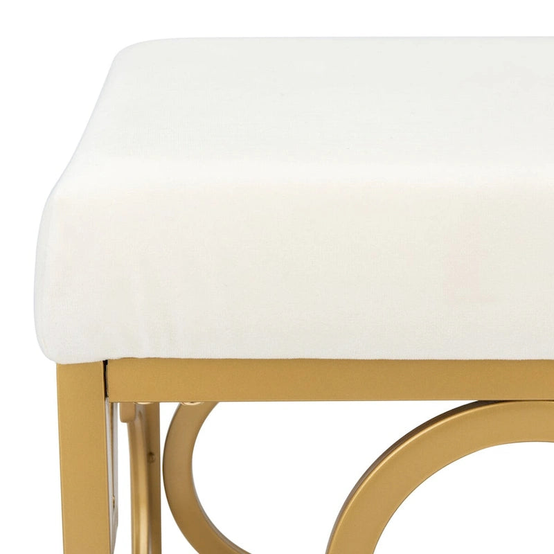 Moroccan Glam Velvet Square Ottoman with Gold Quatrefoil Base - Cream