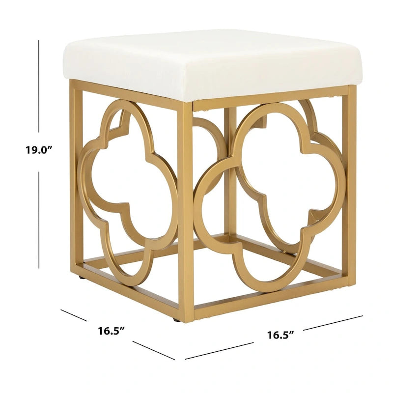 Moroccan Glam Velvet Square Ottoman with Gold Quatrefoil Base - Cream