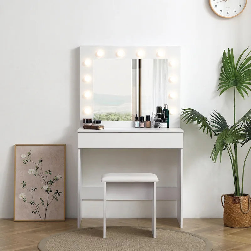 Vanity Table Set with Lighted Mirror and Upholstered Stool - 31.4L x 15.7W x 55.1H