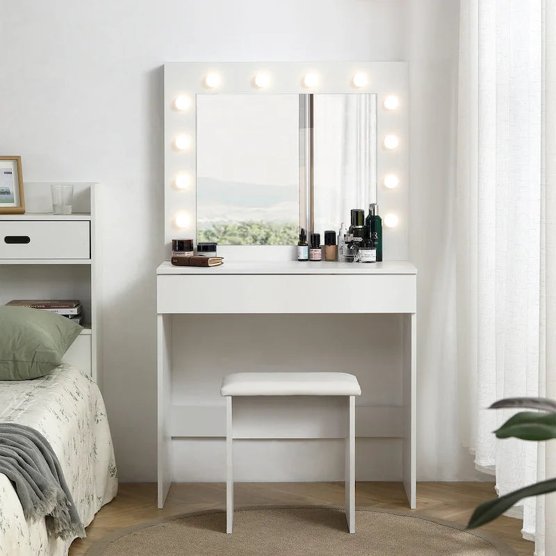 Vanity Table Set with Lighted Mirror and Upholstered Stool - 31.4L x 15.7W x 55.1H