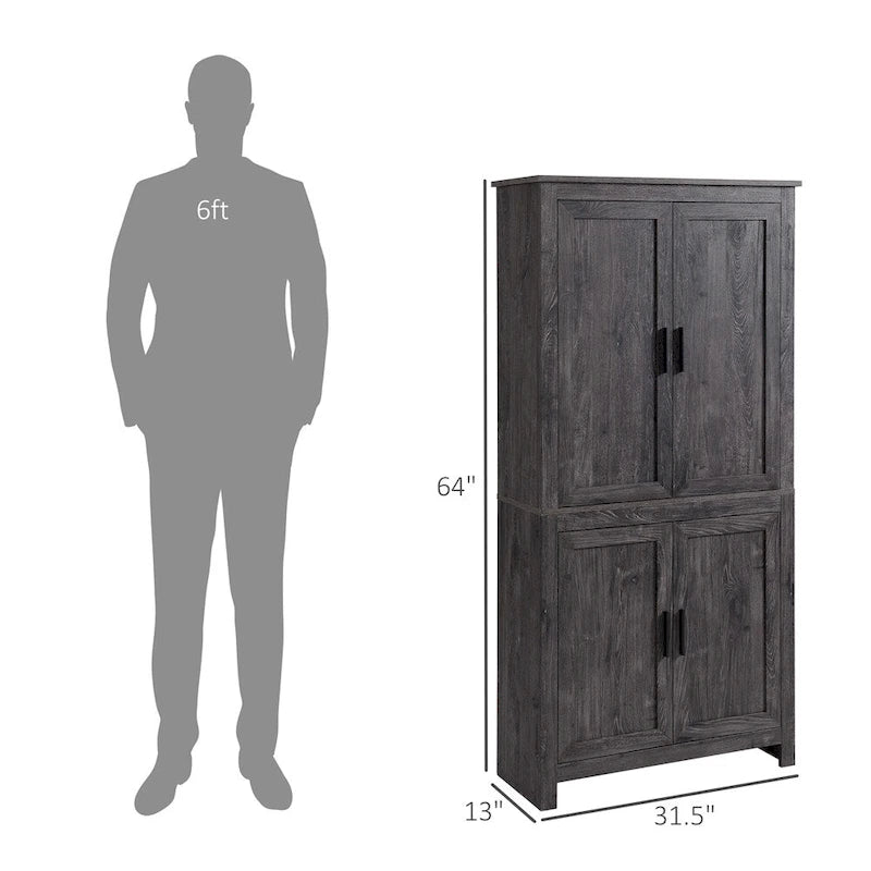 4-Door Freestanding Kitchen Pantry with 3 Adjustable Shelves - 31.25W x 13D x 64H
