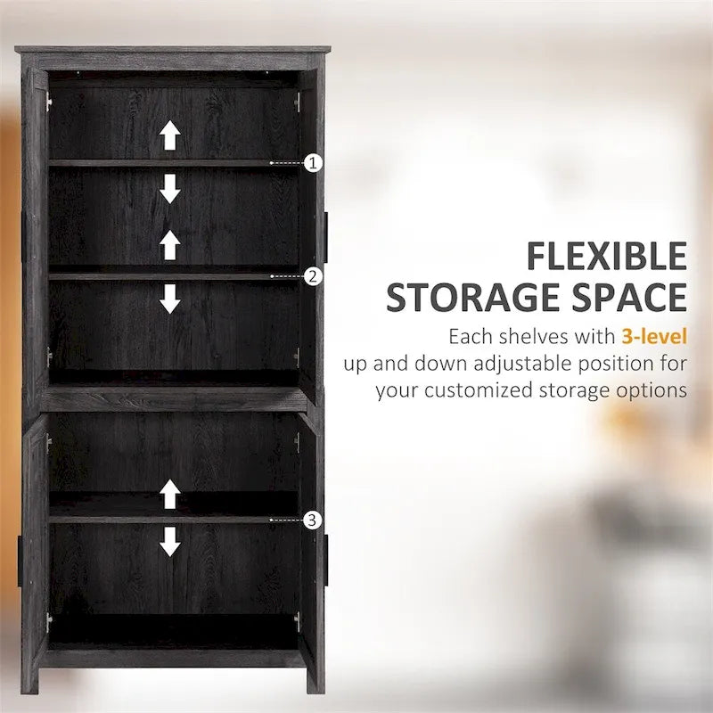 4-Door Freestanding Kitchen Pantry with 3 Adjustable Shelves - 31.25W x 13D x 64H