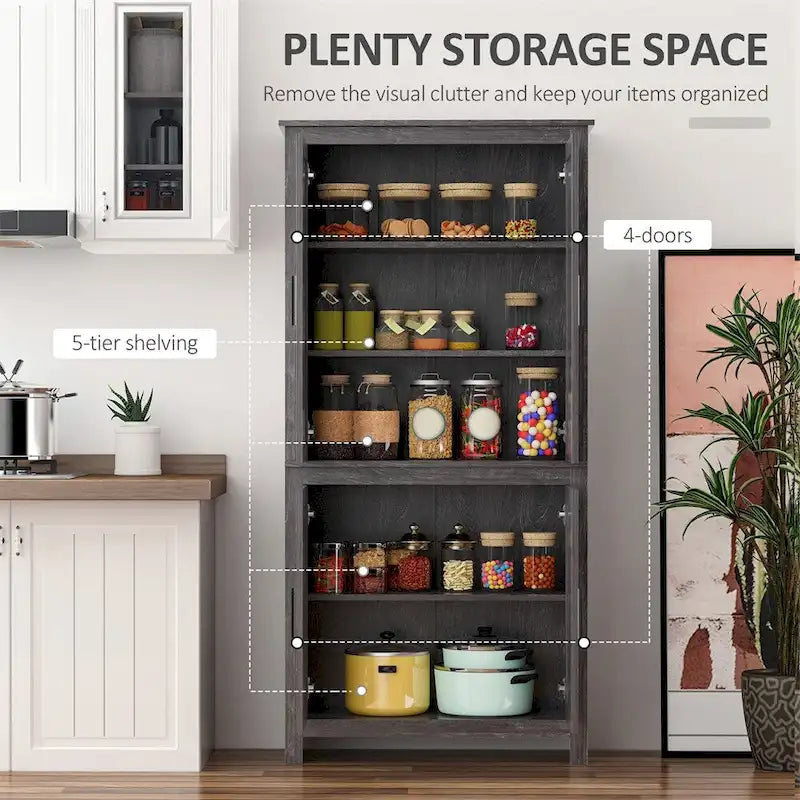 4-Door Freestanding Kitchen Pantry with 3 Adjustable Shelves - 31.25W x 13D x 64H