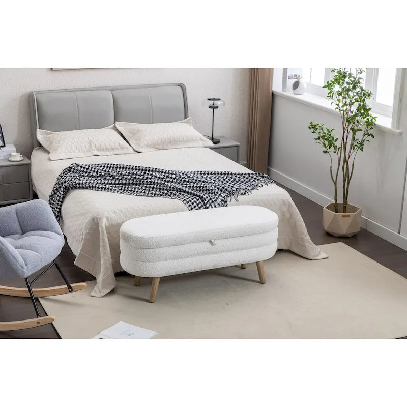 Boucle Fabric Storage Bench with Wood Frame and Adjustable Legs - 48.88W x 16.93D x 18.7H