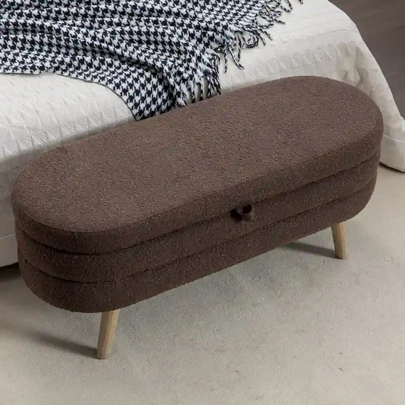 Boucle Fabric Storage Bench with Wood Frame and Adjustable Legs - 48.88W x 16.93D x 18.7H