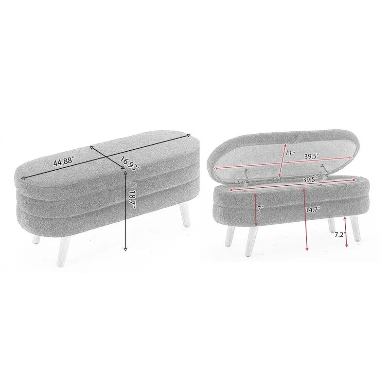 Boucle Fabric Storage Bench with Wood Frame and Adjustable Legs - 48.88W x 16.93D x 18.7H