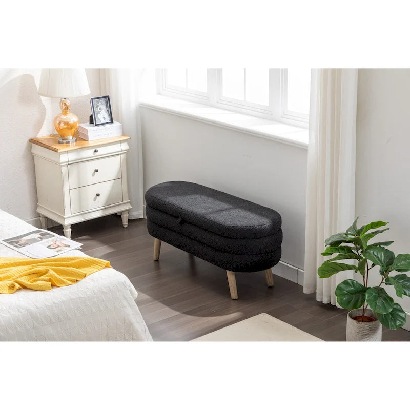 Boucle Fabric Storage Bench with Wood Frame and Adjustable Legs - 48.88W x 16.93D x 18.7H