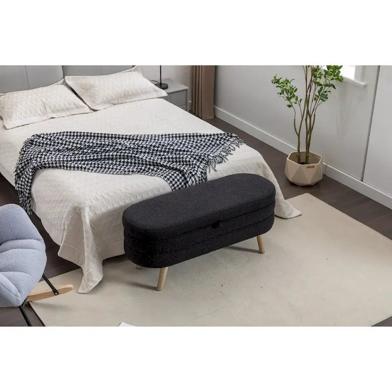 Boucle Fabric Storage Bench with Wood Frame and Adjustable Legs - 48.88W x 16.93D x 18.7H