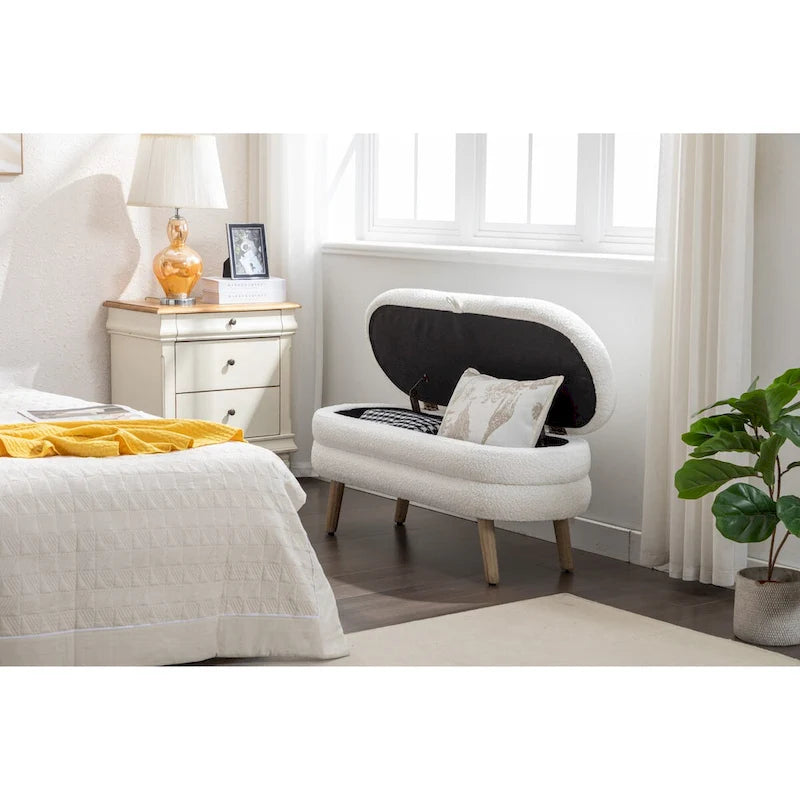 Boucle Fabric Storage Bench with Wood Frame and Adjustable Legs - 48.88W x 16.93D x 18.7H