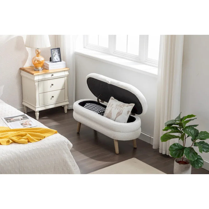 Boucle Fabric Storage Bench with Wood Frame and Adjustable Legs - 48.88W x 16.93D x 18.7H