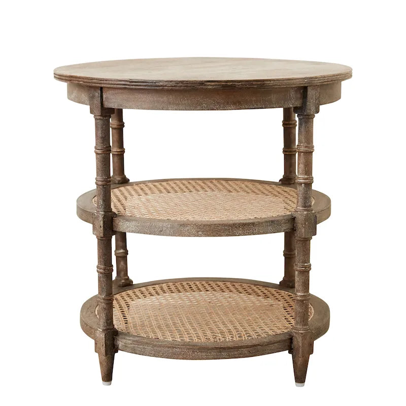 Round Mango Wood Side Table with 2 Cane Shelves - 23.5" Diameter x 24H