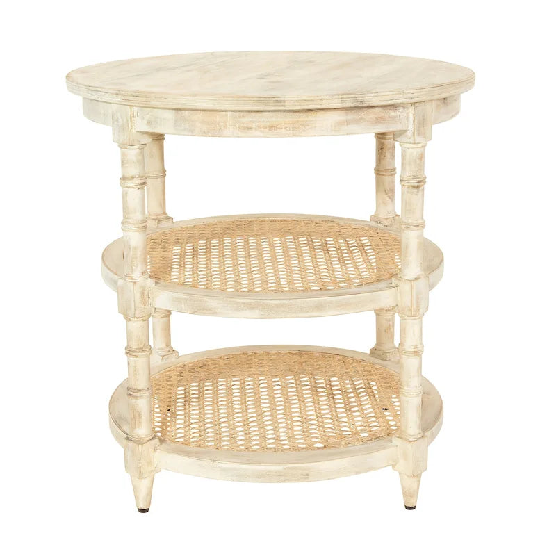 Round Mango Wood Side Table with 2 Cane Shelves - 23.5" Diameter x 24H