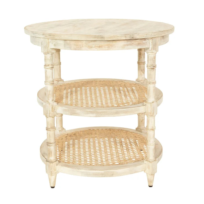 Round Mango Wood Side Table with 2 Cane Shelves - 23.5" Diameter x 24H