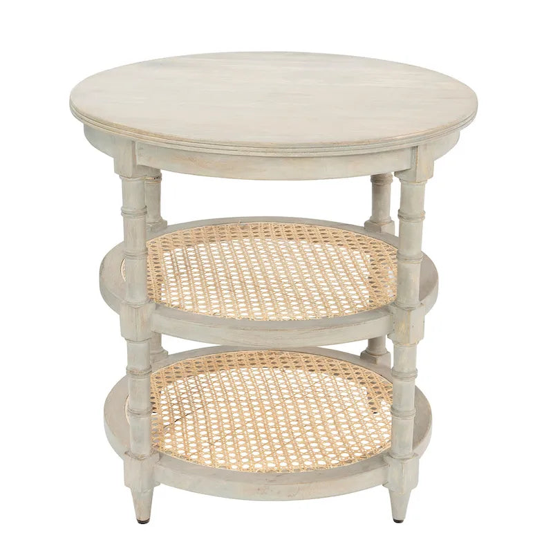 Round Mango Wood Side Table with 2 Cane Shelves - 23.5" Diameter x 24H