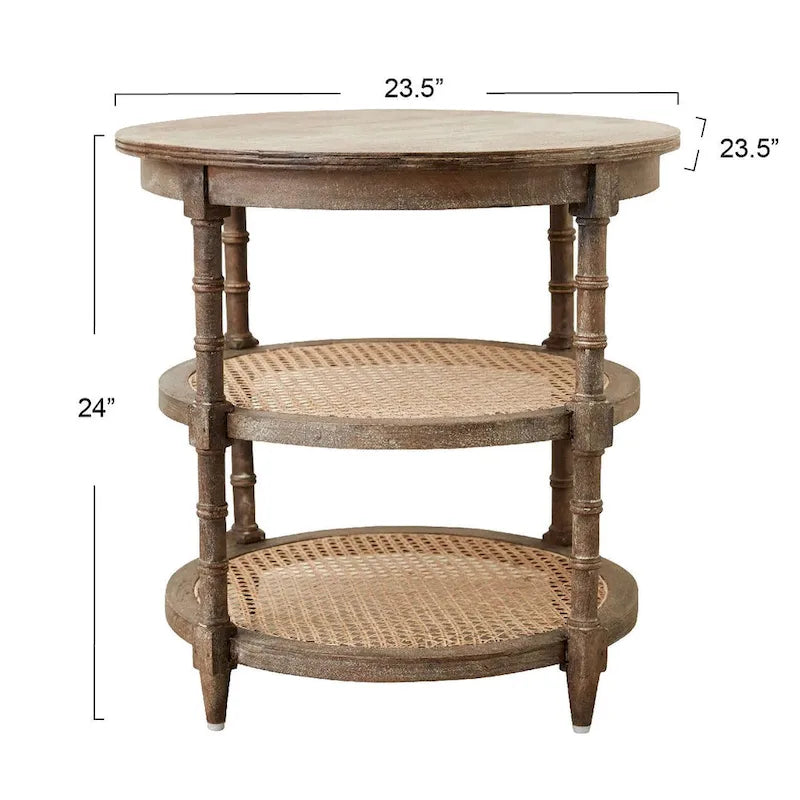Round Mango Wood Side Table with 2 Cane Shelves - 23.5" Diameter x 24H
