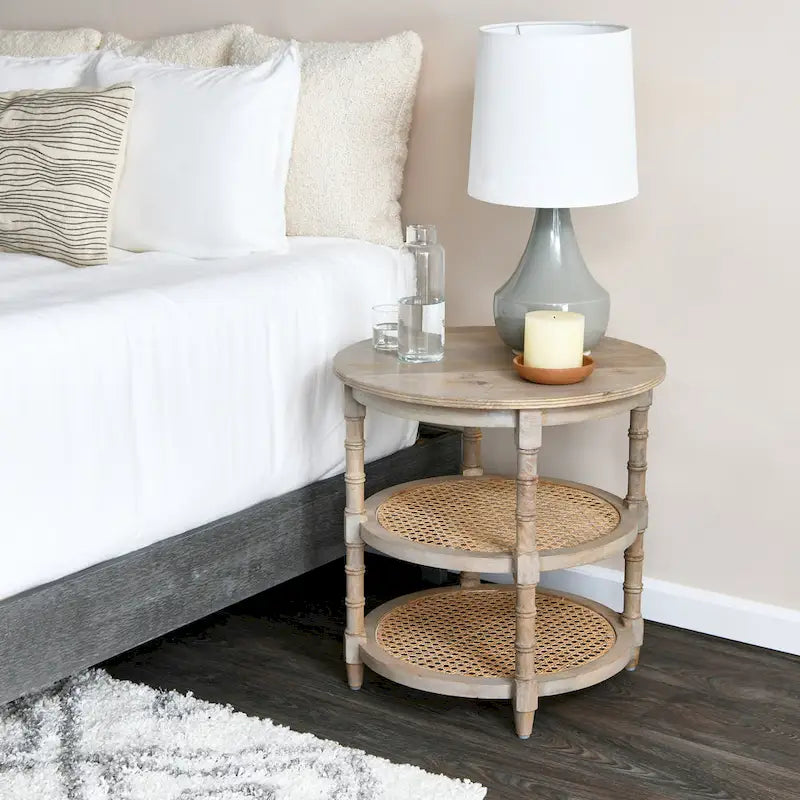 Round Mango Wood Side Table with 2 Cane Shelves - 23.5" Diameter x 24H