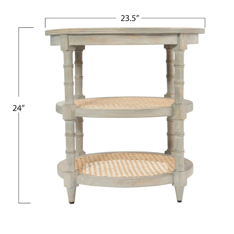 Round Mango Wood Side Table with 2 Cane Shelves - 23.5" Diameter x 24H