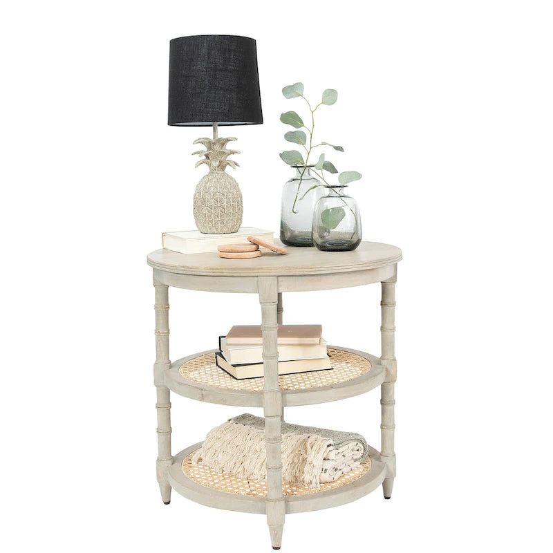 Round Mango Wood Side Table with 2 Cane Shelves - 23.5" Diameter x 24H
