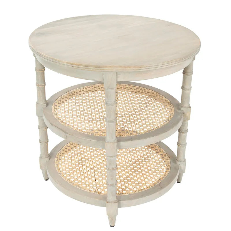 Round Mango Wood Side Table with 2 Cane Shelves - 23.5" Diameter x 24H