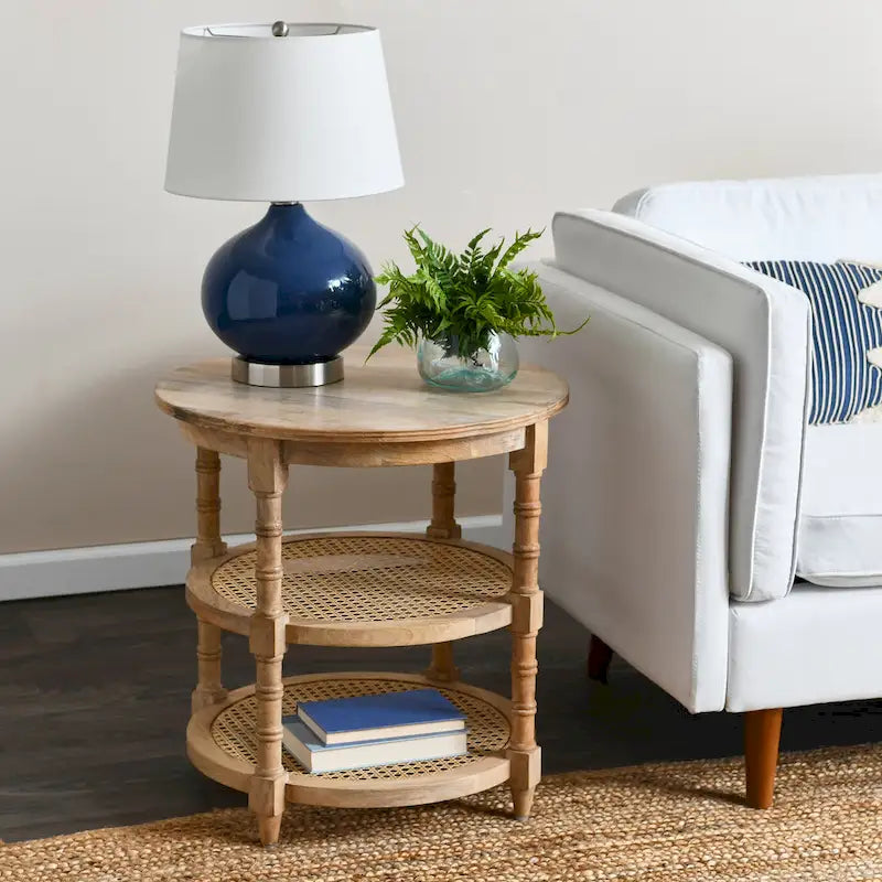 Round Mango Wood Side Table with 2 Cane Shelves - 23.5" Diameter x 24H
