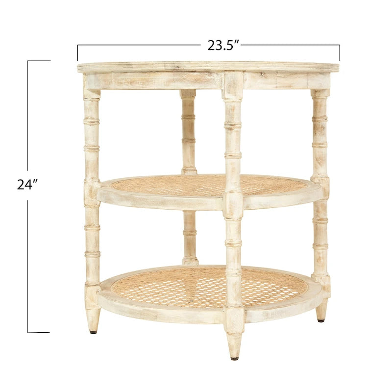 Round Mango Wood Side Table with 2 Cane Shelves - 23.5" Diameter x 24H