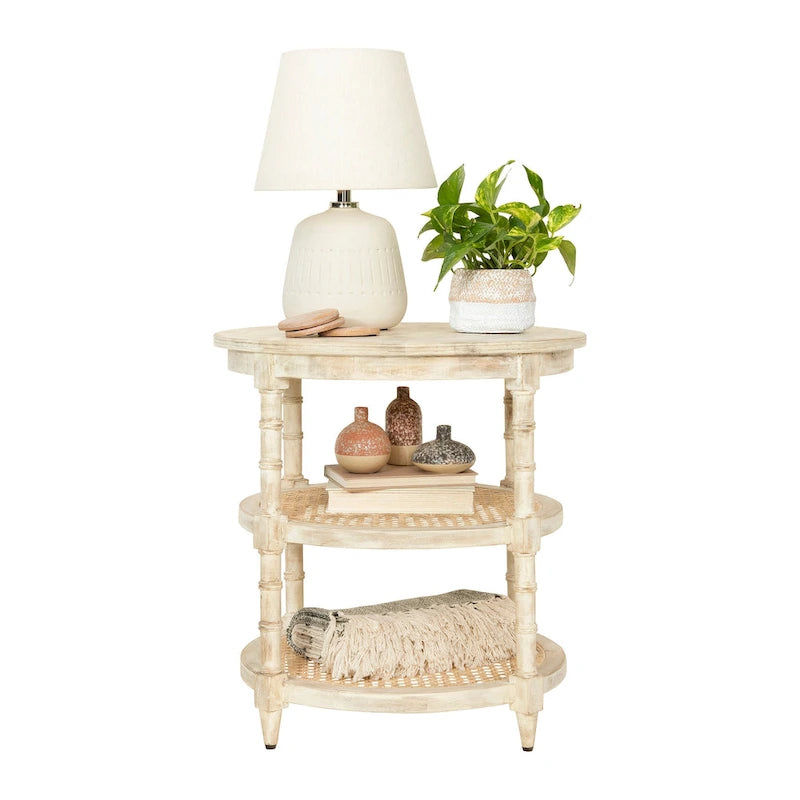 Round Mango Wood Side Table with 2 Cane Shelves - 23.5" Diameter x 24H