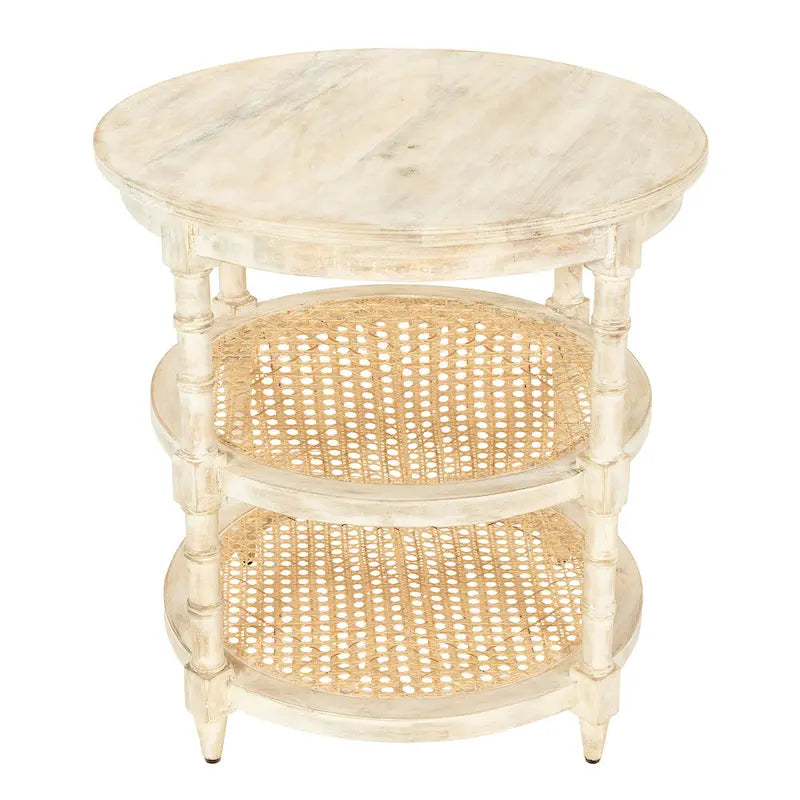 Round Mango Wood Side Table with 2 Cane Shelves - 23.5" Diameter x 24H