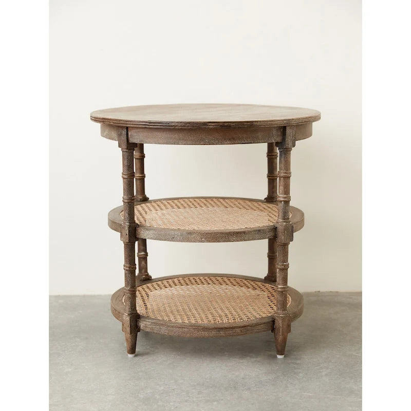 Round Mango Wood Side Table with 2 Cane Shelves - 23.5" Diameter x 24H