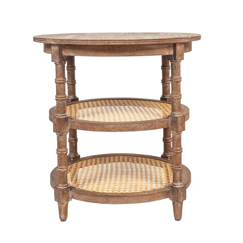 Round Mango Wood Side Table with 2 Cane Shelves - 23.5" Diameter x 24H