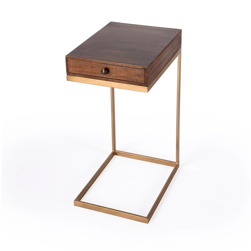 C-Shape Mango Wood End Table with Drawer and Gold Iron Frame