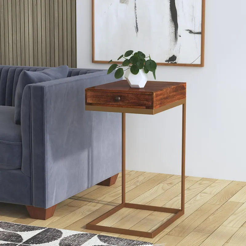 C-Shape Mango Wood End Table with Drawer and Gold Iron Frame