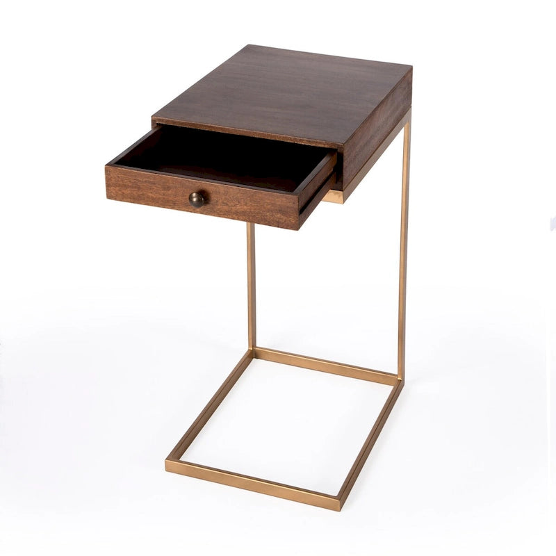 C-Shape Mango Wood End Table with Drawer and Gold Iron Frame