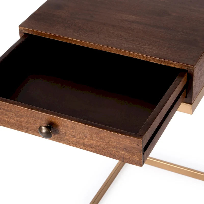 C-Shape Mango Wood End Table with Drawer and Gold Iron Frame