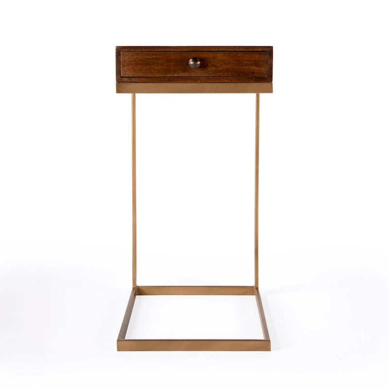 C-Shape Mango Wood End Table with Drawer and Gold Iron Frame