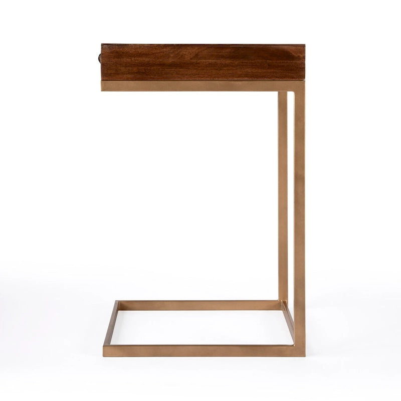 C-Shape Mango Wood End Table with Drawer and Gold Iron Frame