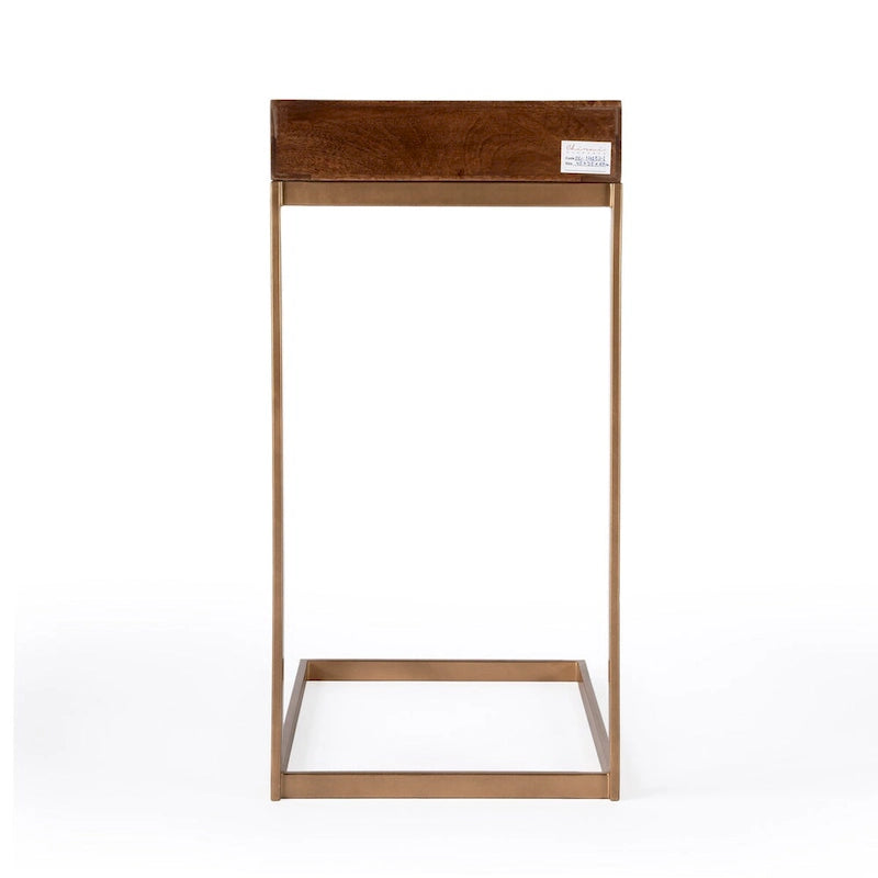 C-Shape Mango Wood End Table with Drawer and Gold Iron Frame